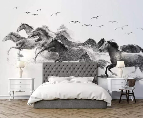 Wall murals Group of horses running through water Wall murals Group of horses running through water