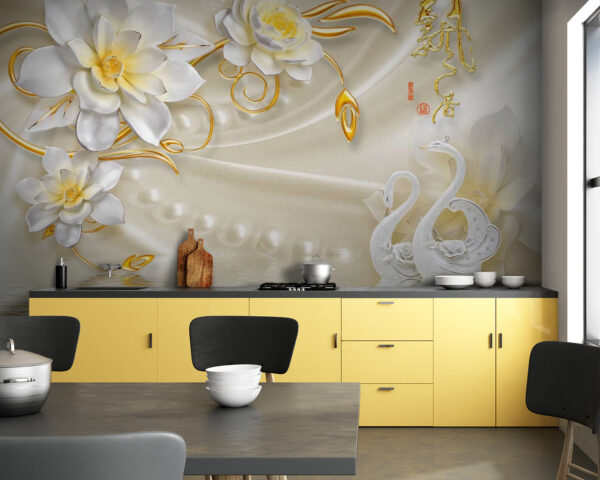 Wall murals Wallpaper with swans and flowers Wall murals Wallpaper with swans and flowers