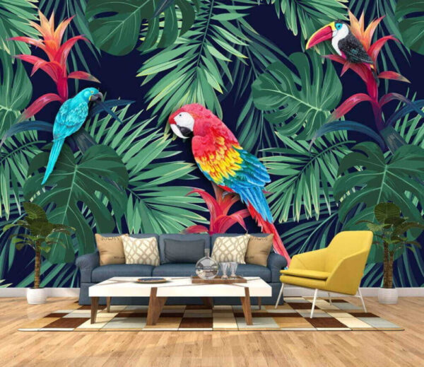 Wall murals Colorful parrots and leaves Wall murals Colorful parrots and leaves
