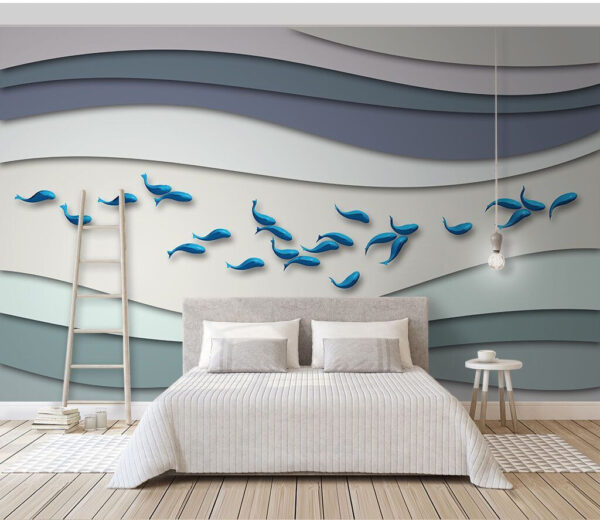 Wall murals Group of blue fish swimming in a group of waves Wall murals Group of blue fish swimming in a group of waves
