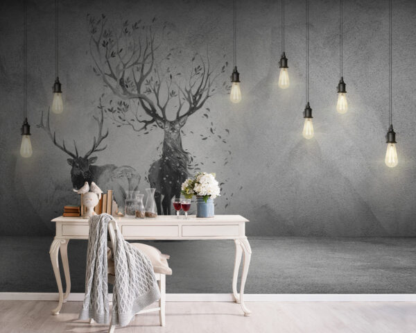 Wall murals Wall with a drawing of two deer and trees Wall murals Wall with a drawing of two deer and trees