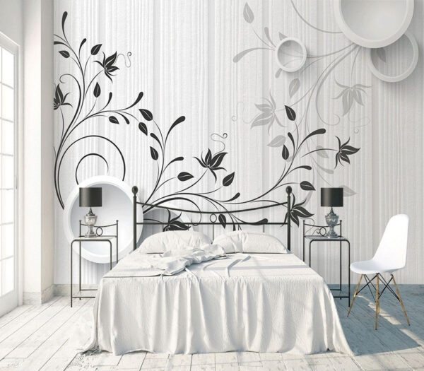 Wall murals White wall with black and white flowers Wall murals White wall with black and white flowers