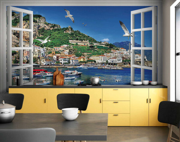 Wall murals Window with a view of a city and boats Wall murals Window with a view of a city and boats