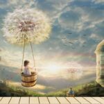 Wall murals Girl in a basket on a swing with a dandelion in the sky