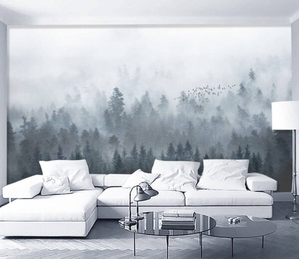 Wall murals Group of birds flying over a forest Wall murals Group of birds flying over a forest