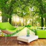 Wall murals Path with trees and a white fence and deer