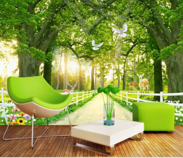 Wall murals Path with trees and a white fence and deer Wall murals Path with trees and a white fence and deer