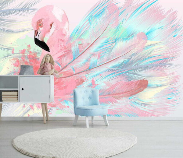 Wall murals Pink flamingo with white and blue feathers Wall murals Pink flamingo with white and blue feathers