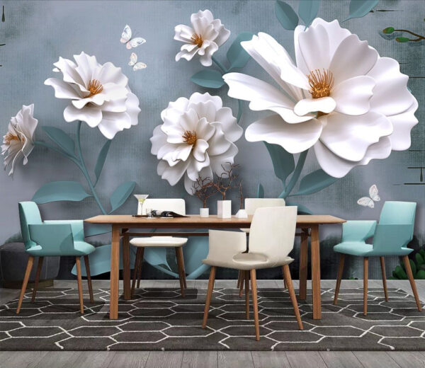 Wall murals White flowers with butterflies