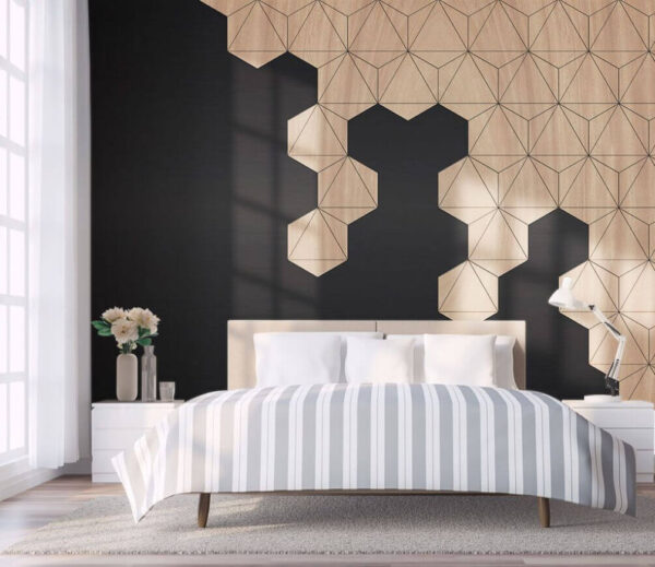 Wall murals Wood and black background with hexagons Wall murals Wood and black background with hexagons