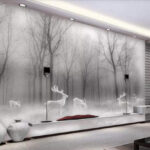 Wall murals Group of white deer in a foggy forest
