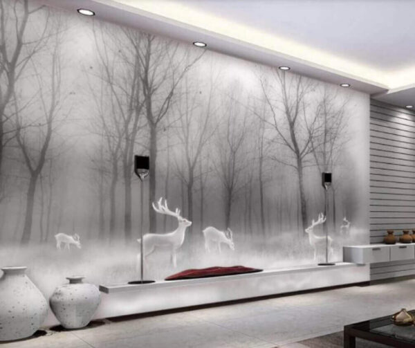 Wall murals Group of white deer in a foggy forest Wall murals Group of white deer in a foggy forest