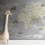 Wall murals Map of the world with airplanes and hot air balloons