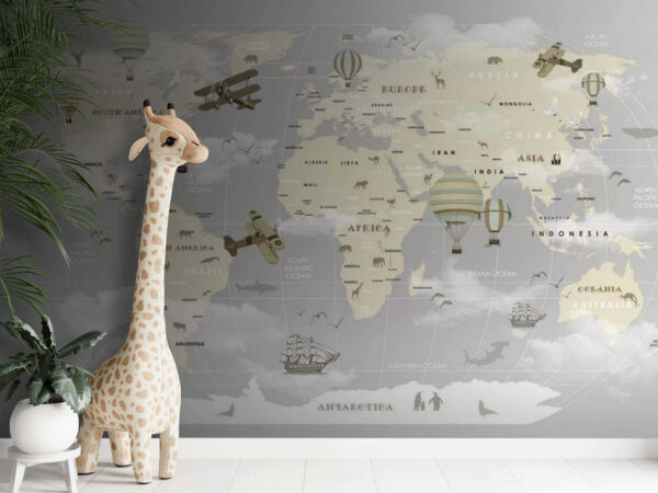 Wall murals Map of the world with airplanes and hot air balloons Wall murals Map of the world with airplanes and hot air balloons