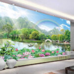 Wall murals Serene landscape with lotus flowers.