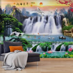 Wall murals Waterfall with birds and flowers