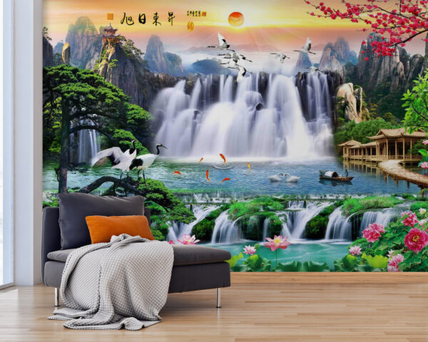 Wall murals Waterfall with birds and flowers Wall murals Waterfall with birds and flowers