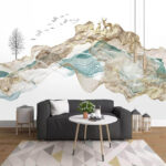 Wall murals Painting of a mountain with birds flying around