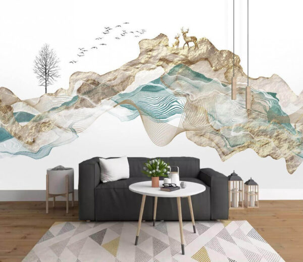 Wall murals Painting of a mountain with birds flying around Wall murals Painting of a mountain with birds flying around