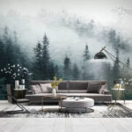 Wall murals Foggy forest with birds flying
