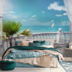 Wall murals Palm tree in a pot on a balcony
