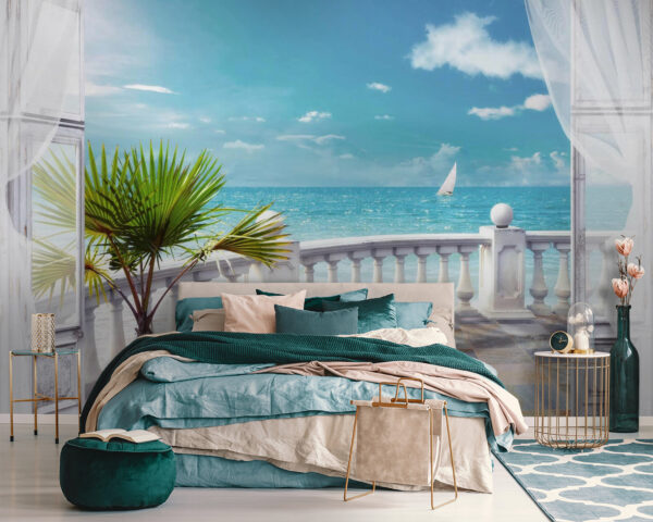 Palm tree in a pot on a balcony Wall murals Palm tree in a pot on a balcony