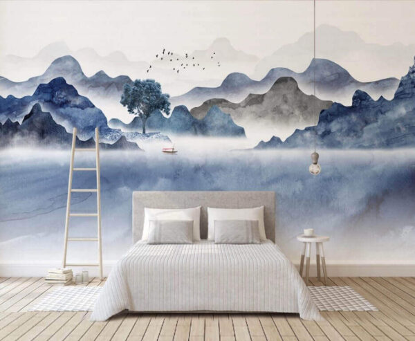 Wall murals Painting of mountains and a tree Wall murals Painting of mountains and a tree