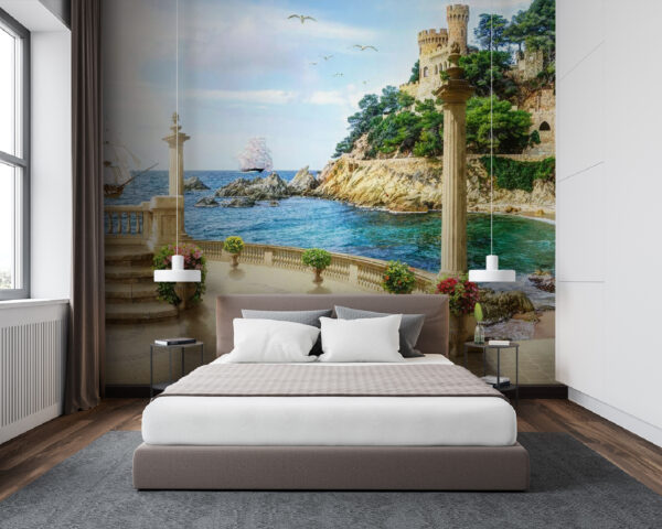 Wall murals Balcony with columns and flowers on the side of the ocean Wall murals Balcony with columns and flowers on the side of the ocean