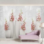 Wall murals Group of white vases with pink flowers