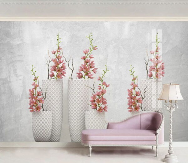 Wall murals Group of white vases with pink flowers Wall murals Group of white vases with pink flowers