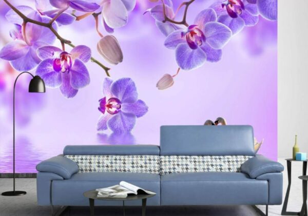 Wall murals Two swans in a lake with purple flowers Wall murals Two swans in a lake with purple flowers