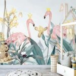Wall murals Group of flamingos with crowns and flowers