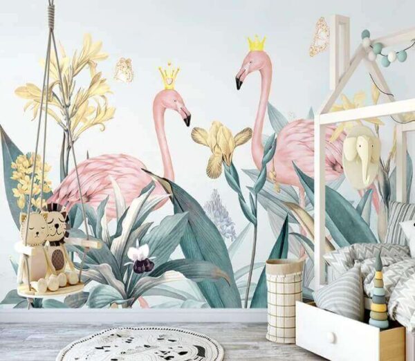 Wall murals Group of flamingos with crowns and flowers Wall murals Group of flamingos with crowns and flowers