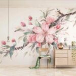 Wall murals Painting of pink flowers on a branch