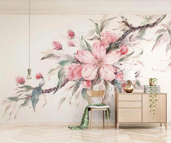 Wall murals Painting of pink flowers on a branch Wall murals Painting of pink flowers on a branch
