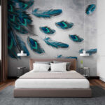 Wall murals Blue feathers scattered on textured background.