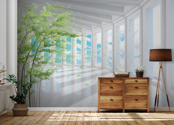 Sunlit corridor with vibrant leaves Wall murals Sunlit corridor with vibrant leaves