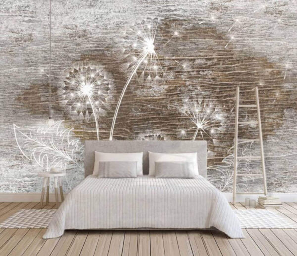 Wall murals White dandelions on a wood surface Wall murals White dandelions on a wood surface