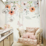 Wall murals White background with flowers and butterflies