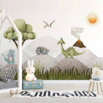 Wall murals Cartoon dinosaurs in a landscape