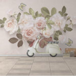 Wall murals Delicate roses with dancing butterflies