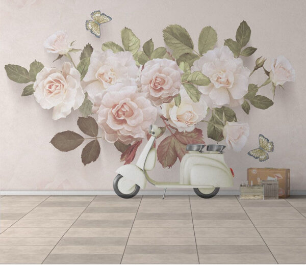 Wall murals Delicate roses with dancing butterflies Wall murals Delicate roses with dancing butterflies