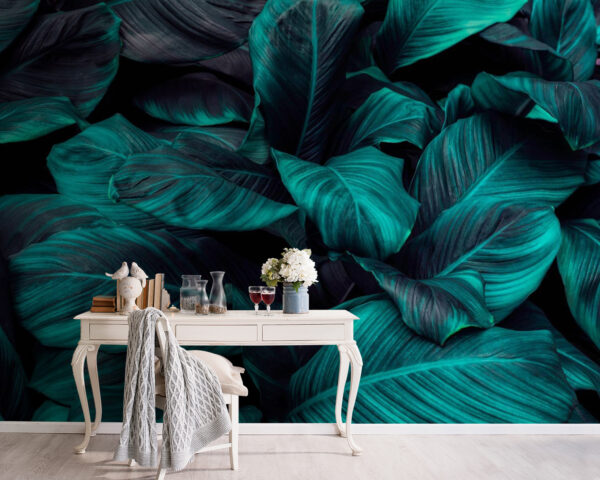 Wall murals Lush leaves in deep turquoise tones Wall murals Lush leaves in deep turquoise tones