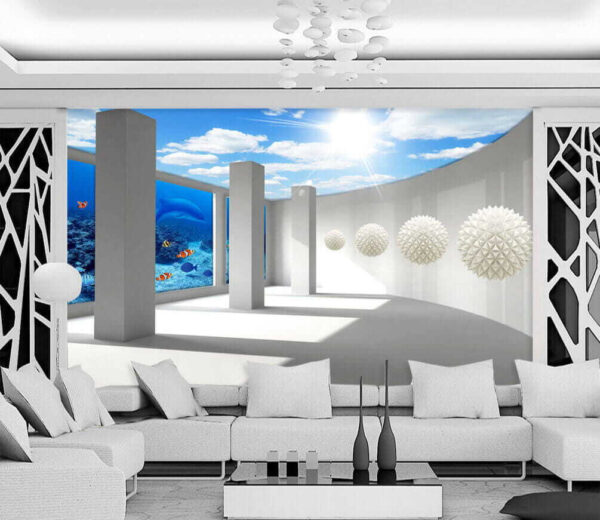 Wall murals Room with columns and fish and fish Wall murals Room with columns and fish and fish