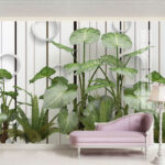 Wall murals Lush leaves against a striped wall.