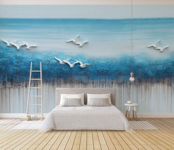 Wall murals Painting of birds flying over a blue ocean Wall murals Painting of birds flying over a blue ocean