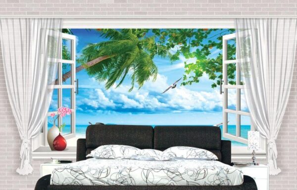 Wall murals Window with a view of the beach and birds Wall murals Window with a view of the beach and birds