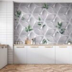 Wall murals White wall with green leaves