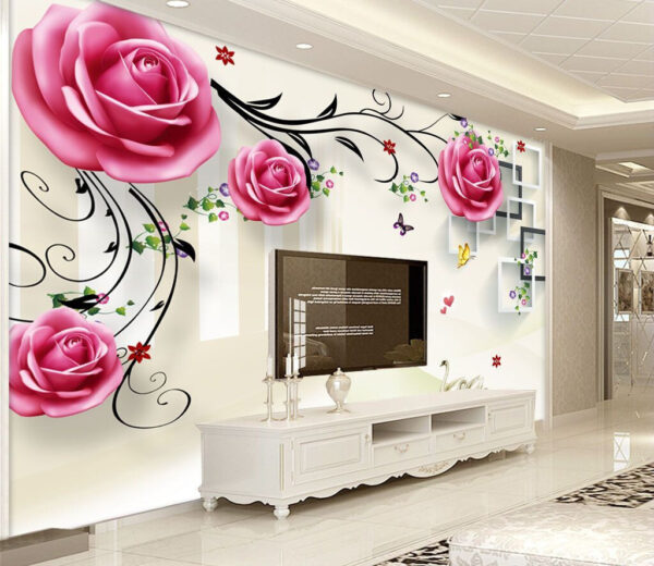 Swans beneath blooming pink roses Wall murals Swans beneath blooming pink roses