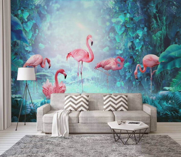 Wall murals Group of pink flamingos in a forest Wall murals Group of pink flamingos in a forest